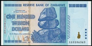 Zimbabwe 100 Trillion Dollars 2008 Aa Series P - 91 Unc