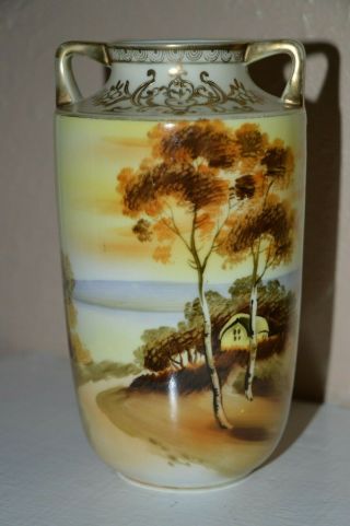Nippon Hand Painted 2 Handles Cabin On The Lake Tree 6.  5 " T Bud Vase Gold Moriage
