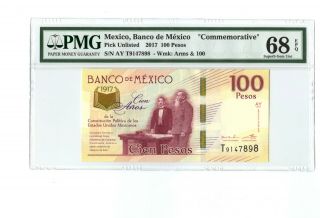 2017 100 Pesos Banco De Mexico Pmg 68 Epq Banknote Commemorative Gem Unc