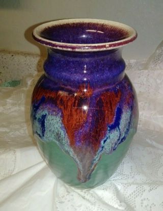 Signed 7 " Turquoise Studio Art Pottery Vase Purple Red Brown Blue Drip Glaze Exc