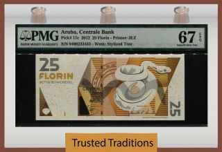 Tt Pk 17c 2012 Aruba 25 Florin Centrale Bank " Snake " Pmg 67 Epq Gem Unc