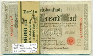 Germany Bundle 20 Notes Correlative 1000 Mark 1910 P 44b Au/unc
