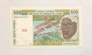 West African States/ A Ivory Coast - Specimen - 500 Frs - 1992 - Number 020 - P.  110as,  Unc