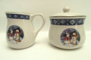 Crofton Snowmen Snowflakes Creamer And Sugar Bowl With Lid Set Christmas Holiday