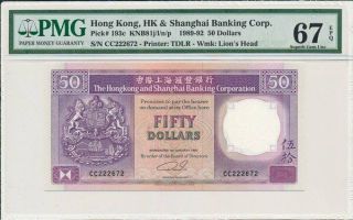 Hong Kong Bank Hong Kong $50 1992 Prefix Cc.  S/no 222xx2 Pmg 67epq