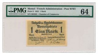 Memel Banknote 1 Mark 1922.  Pmg Ms - 64