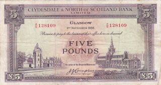 5 Pounds Fine Banknote From Scotland 1956 Clydesdale&north Of Scotland Bank