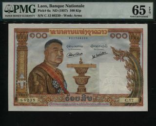 Tt Pk 6a Nd (1957) Laos Banque Nationale 100 Kip " S.  Vong " Pmg 65 Epq Gem Unc