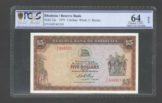 1972 Rhodesia $5 Five Dollars M8 Prefix Pmg Graded 65 Gem Unc P32a Note