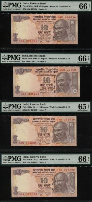 Tt Pk 102o 2014 India 10 Rupees " Gandhi " Pmg 65 Epq & 66 Epq Set Of Four Notes