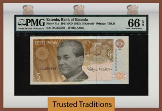 Tt Pk 71a 1991 (nd 1992) Estonia Bank Of Estonia 5 Krooni Pmg 66 Epq Gem Unc