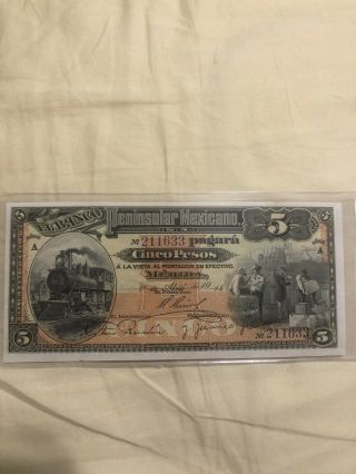 1914 Mexico Yucatan Uncirculated " Cinco Pesos " El Banco Peninsular Mexicano