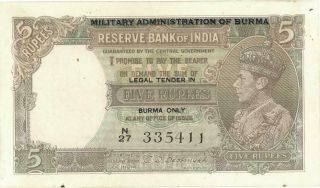 Burma 5 Rupees Military Administration Banknote O/p India 1945 Vf/xf