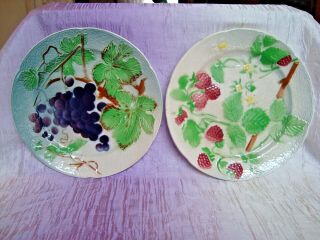 2 Vntg St Clement France Fruit Plates Strawberries,  Grapes Majolica Faience