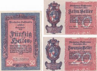 Principality Of Liechtenstein 10 20 50 Heller 1920 P.  1 2 & 3 Full Set - Unc