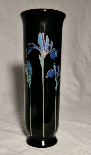 Vintage Otagiri Blue Iris Bud Vase Black Gold Trim Ceramic