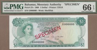 Bahamas: 1 Dollar Banknote,  (unc Pmg66),  P - 27s,  1968,