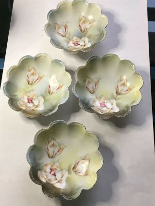 Set Of 4 Antique Rs Germany Berry Bowls.  Magnolia Buds.