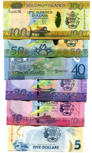 Solomon Islands 5 10 20 40 50 100 Dollars Nd (2017 - 2019) Unc Set Of 6
