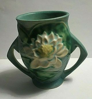 Vintage Roseville Pottery Water Lily Vase 71 - 4 " Blue Dual Handle