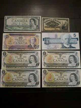 8 Notes - Canadian Bank Notes Set - 1923 - 1986 - W/1 $1 Devils Hair Variety - - 105