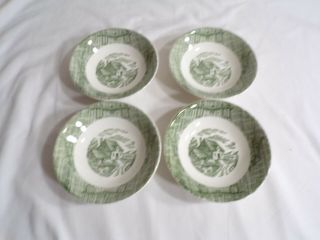 Vintage Set Of 4 Currier & Ives Green Oxbow/yoke 5 3/8 " Berry/fruit/sauce Bowl