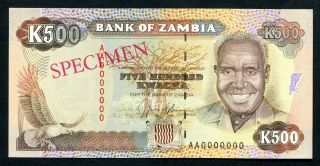 Zambia 500 Kwacha - Specimen - Banknote 1989 P35s Unc