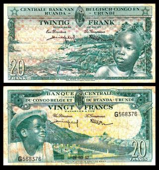 Belgian Congo Rwanda - Burundi 20 Francs 1959 Pick 31 1957 Belge Belgisch Vf