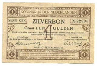 Netherlands Kingdom Zilverbon Silver Note 1 Gulden 1918 F/vf 13 Wmk Een Gulden