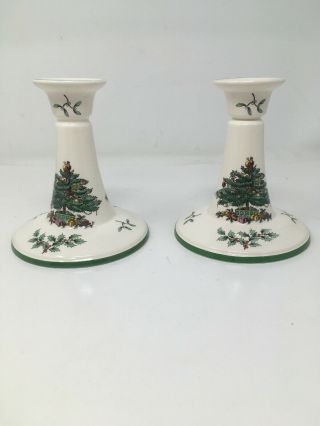 Spode Christmas Tree Candle Stick Holders Made In England 5.  75” Tall