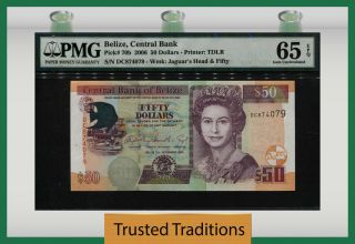 Tt Pk 70b 2006 Belize Central Bank 50 Dollars " Queen Elizabeth Ii " Pmg 65 Epq