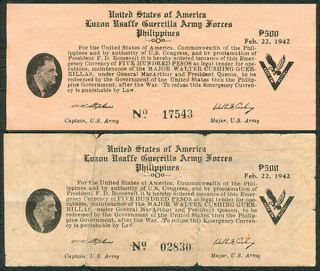 Us Philippines 500 Pesos Luzon Usaffe Guerrilla Ww2 Pres.  Roosevelt Banknote,  1
