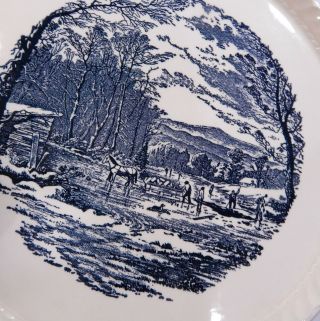 Vintage Royal China Blue and White Currier & Ives Cake plate Getting Ice 2