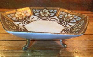 Art Deco Japanese Nippon Hand Painted 3 Footed Porcelain Dish Gold Morriage