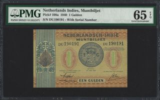 1940 Netherlands Indies 1 Gulden,  Pmg 65 Epq Gem Unc,  P108a Scarce Grade Type