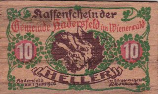 10 Heller Wooden Banknote From Austria/hadersfeld 1920 Unique Made Of Wood