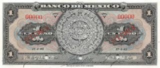 México 1 Peso 17.  1.  1945 P 38cs Series Y Specimen Uncirculated Banknote