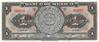 México 1 Peso 17.  1.  1945 P 38cs Series T Specimen Uncirculated Banknote