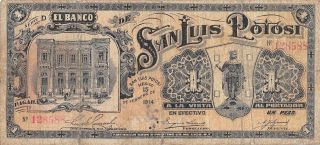 México / S.  L.  Potosi 1 Peso 15.  2.  1914 M 492 Series D Circulated Banknote