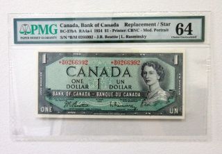 Bank Of Canada,  1954 $1 Bc - 37ba Ra4a - I Replacement Star Note Pmg Cu 64