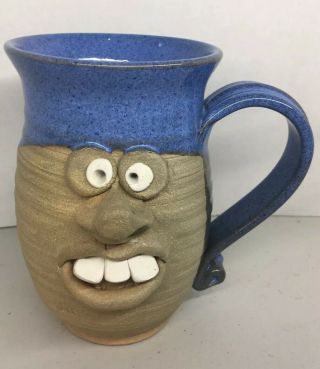 Stoneware Clay Hand Made 3d Man Face Cup Coffee Pottery Vintage Signed Mug