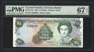 1991 Cayman Islands $5 Dollars,  P - 12a A/1 000928 S/n,  Pmg 67 Epq Gem Unc