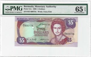 1996 Bermuda $5 Dollars,  P - 41c Scarce Date,  Pmg 65 Epq Gem Unc,  Qeii Note