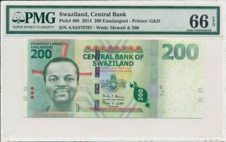 Central Bank Swaziland 200 Emalangeni 2014 Prefix Aa S/no Xx79797 Pmg 66epq