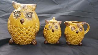 Googly Eyes Vintage Owl Creamer,  Sugar Bowl W/ Lid,  And Piggy Bank,