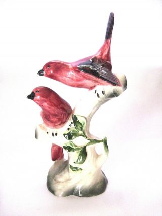 Mid Century California Ceramics Red Cardinal Birds On Tree 8.  5 " Figurine