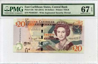 East Caribbean 20 Dollars Nd 2015 P 53 B Gem Unc Pmg 67 Epq High