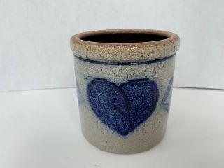Vintage Rowe Pottery Crock Salt Gazed Cobalt Blue Heart Art Usa Dated Sign