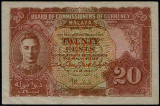 Malaya Board Of Commissioners Of Currency Note Kgvi Banknote 1941.  20 Cents