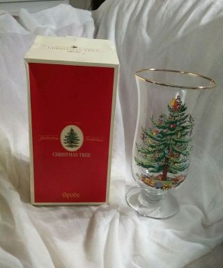 Spode Christmas Tree Glass Hurricane Candle Vase Gold Trim 9 Inch
